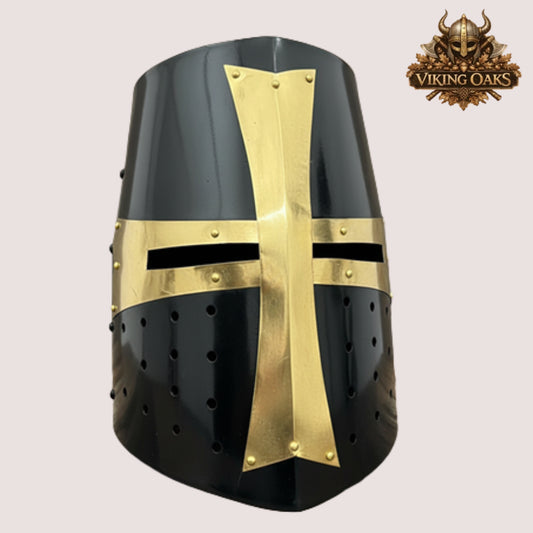 Black Crusader Helmet – Knights Templar Warrior Helm with Display Stand, Medieval Armor for LARP & Cosplay