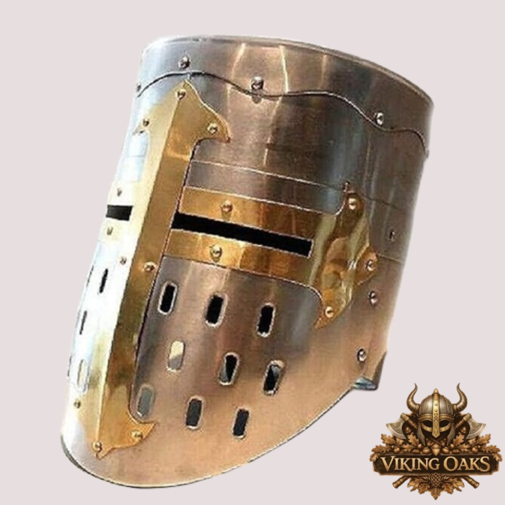 Medieval Knight Helmet & Wooden Stand – Armor Collectible for Display