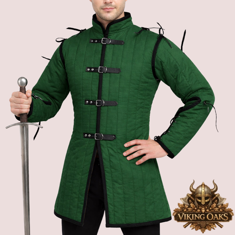 Man wearing quilted medieval gambeson armor cosplay costume made of 100% cotton