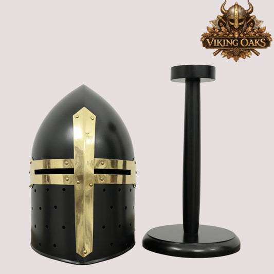 Sugarloaf Crusader Helmet with Wooden Stand – Medieval Knight Armor Display