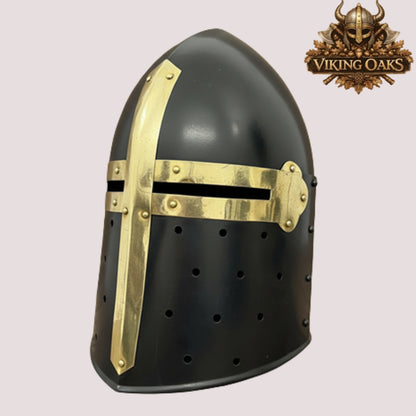 Sugarloaf Crusader Helmet with Wooden Stand – Medieval Knight Armor Display
