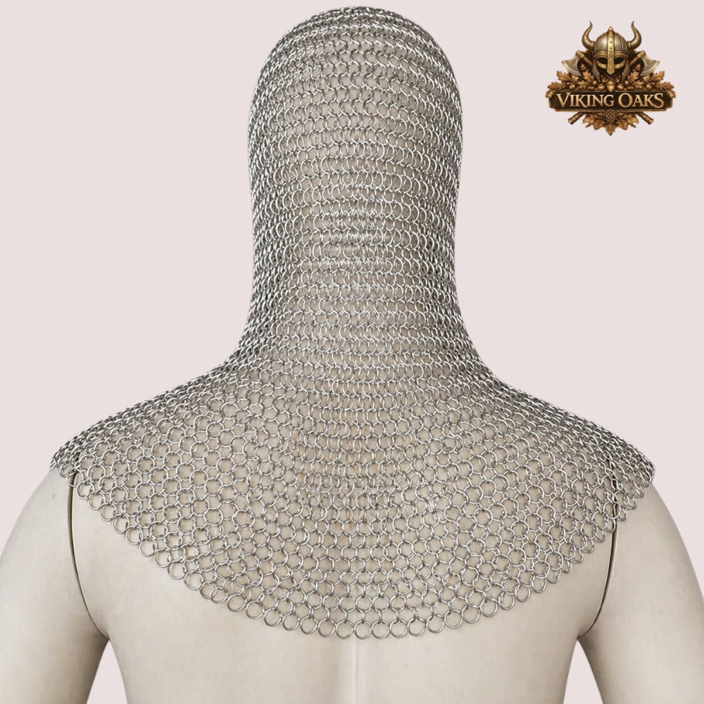Butted Aluminum Chainmail Coif V-Neck – Silver Anodized Medieval Renfaire Hood
