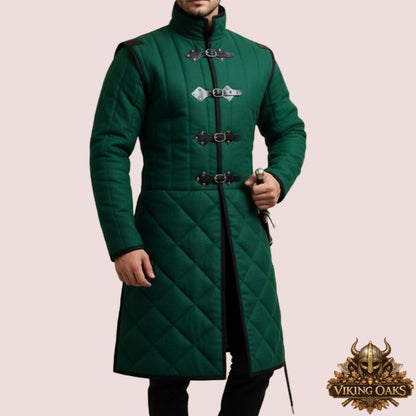 Authentic medieval gambeson padded armor costume with cotton and leather trim in various sizes