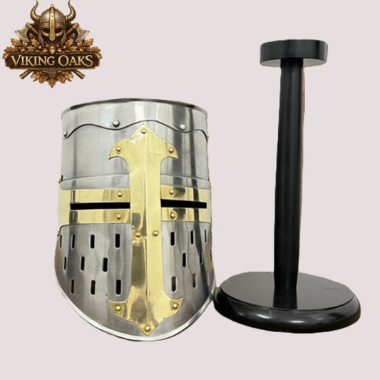 Medieval Knight Helmet & Wooden Stand – Armor Collectible for Display