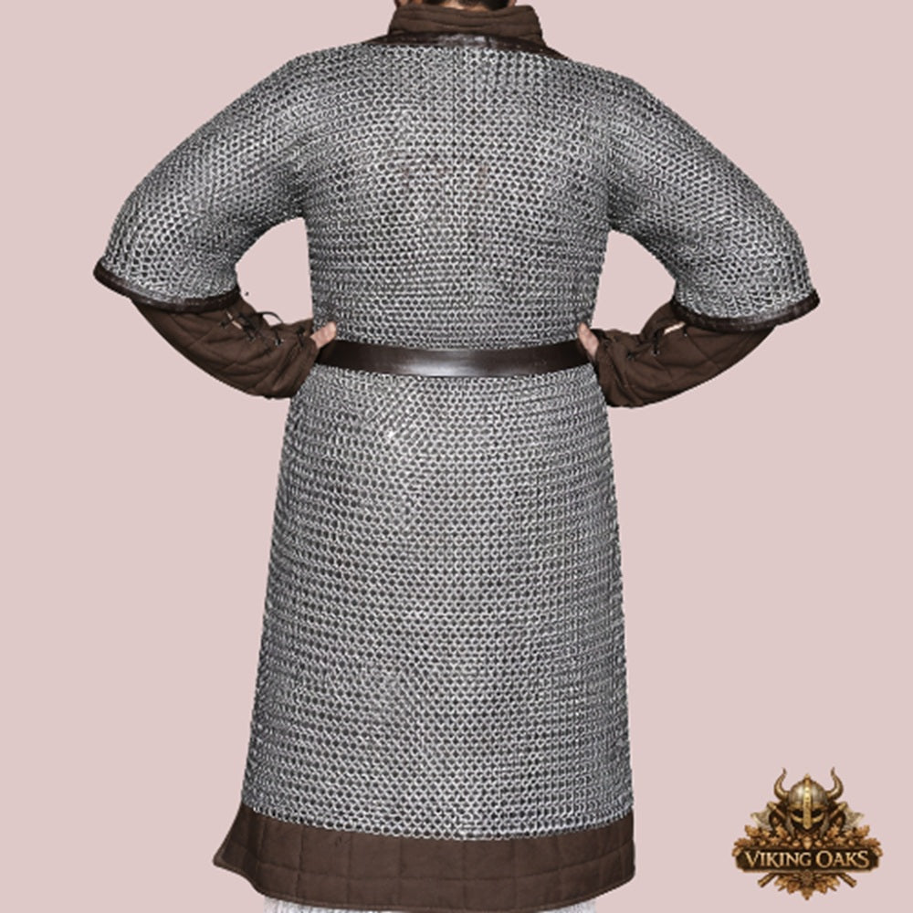 Dark Gray Aluminum Chainmail Hauberk, 9mm Flat Ring Half Sleeve Front Open Shirt, Medieval Armor for Halloween Costume, LARP & Cosplay