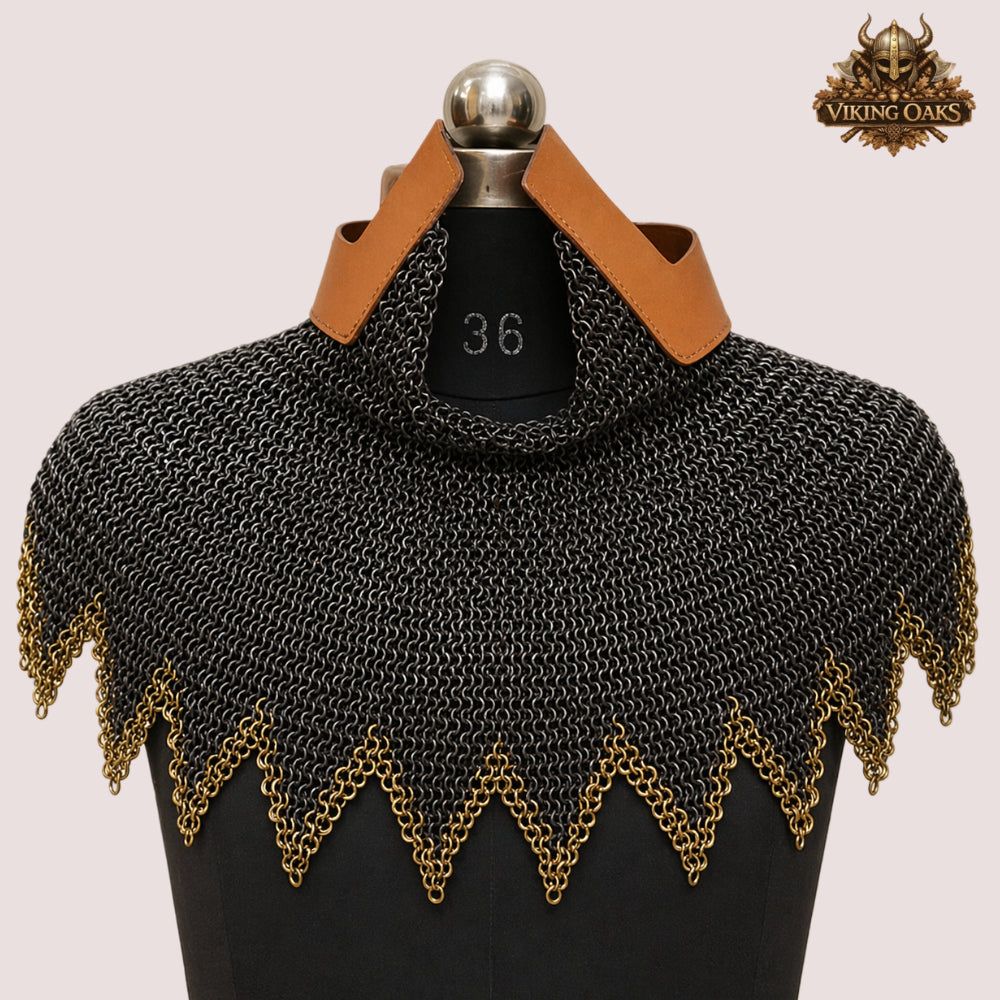 9MM Chainmail Aventail Flat Ring Riveted Washer with Brass Trim Bottom Edge Neck Protection