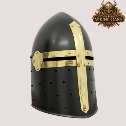 Sugarloaf Crusader Helmet with Wooden Stand – Medieval Knight Armor Display