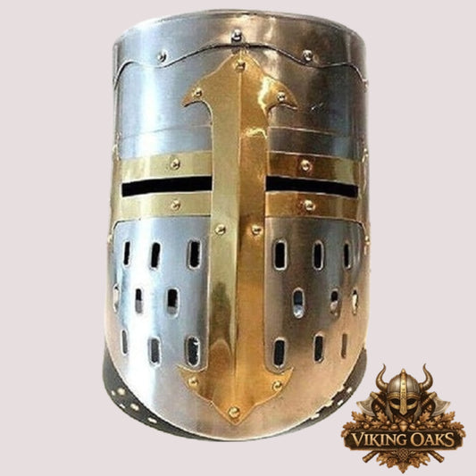 Medieval Knight Helmet & Wooden Stand – Armor Collectible for Display