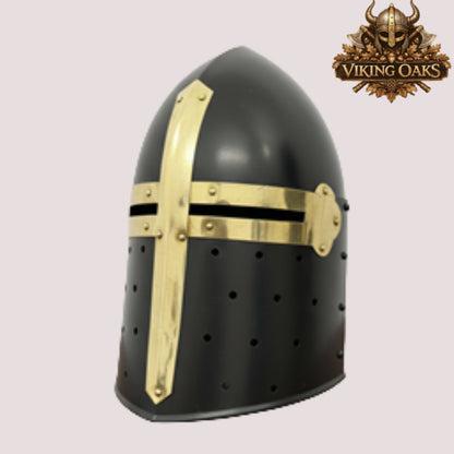 Sugarloaf Crusader Helmet with Wooden Stand – Medieval Knight Armor Display