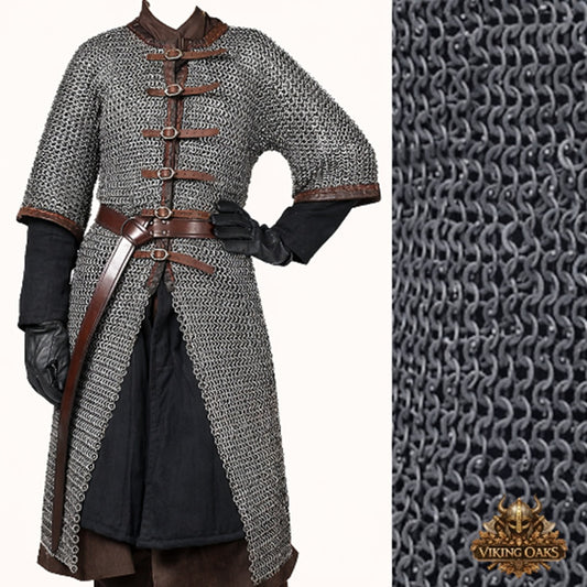 Dark Gray Aluminum Chainmail Hauberk, 9mm Flat Ring Half Sleeve Front Open Shirt, Medieval Armor for Halloween Costume, LARP & Cosplay