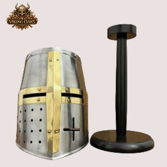 Templar Crusader Helmet with Brass Cross – Medieval Knight Helm for Ren Faire, LARP & Cosplay