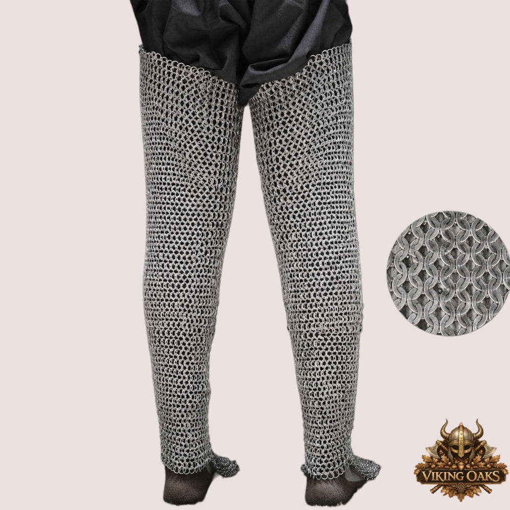 Mild Steel Chainmail Chausses – 9mm Flat Riveted Maille Leg Armor, Medieval Halloween Costume