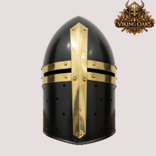 Sugarloaf Crusader Helmet with Wooden Stand – Medieval Knight Armor Display